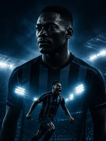 A footballer in a dark striped kit under stadium lights