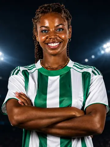 A smiling footballer in a green and white striped kit