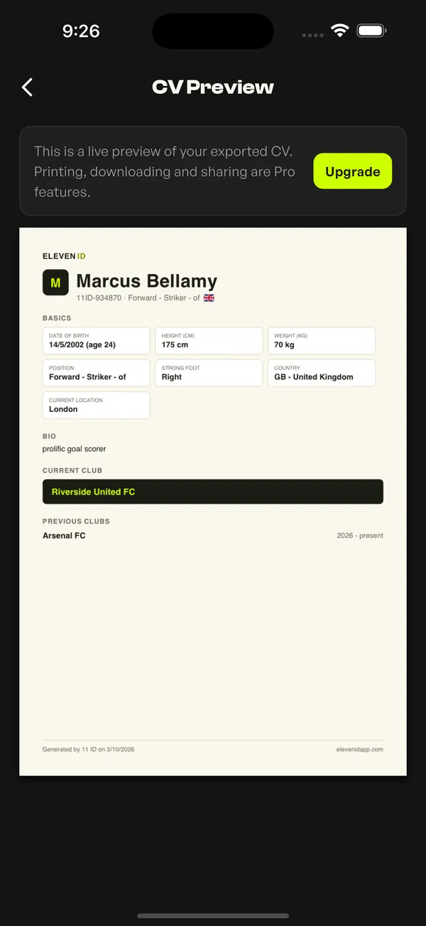 Football CV preview, ready to export as a PDF