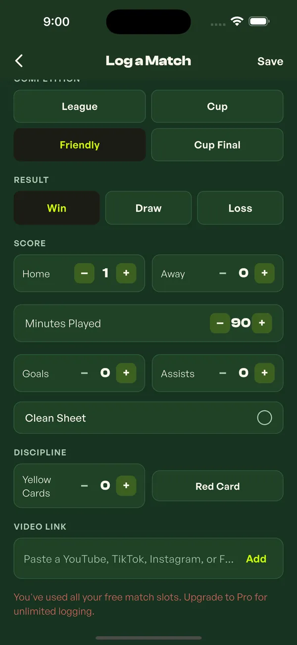 Logging a match with result, score, minutes, goals and assists