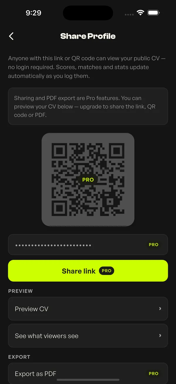 Share profile screen with a link and QR code