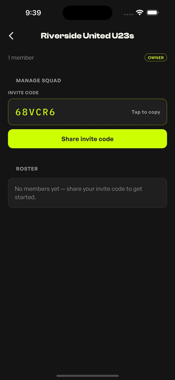 Squad screen with an invite code